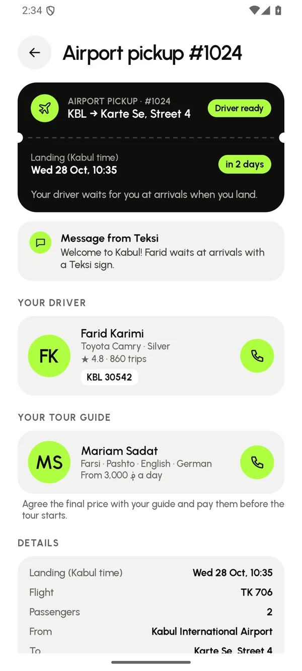 An airport pickup in Teksi: the ticket with the landing time in Kabul, the countdown, the driver and the tour guide